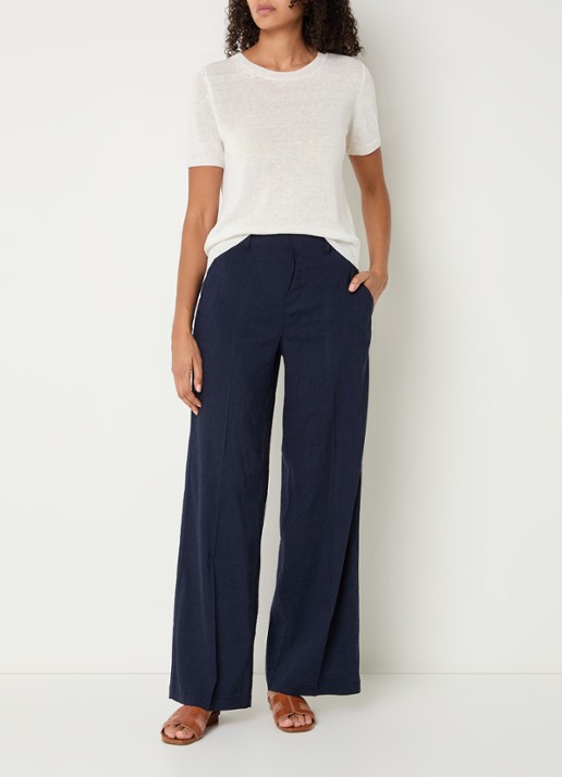 Rosner Studio Mid waist straight fit pantalon in linnenblend - voorkant 4 donkerblauw