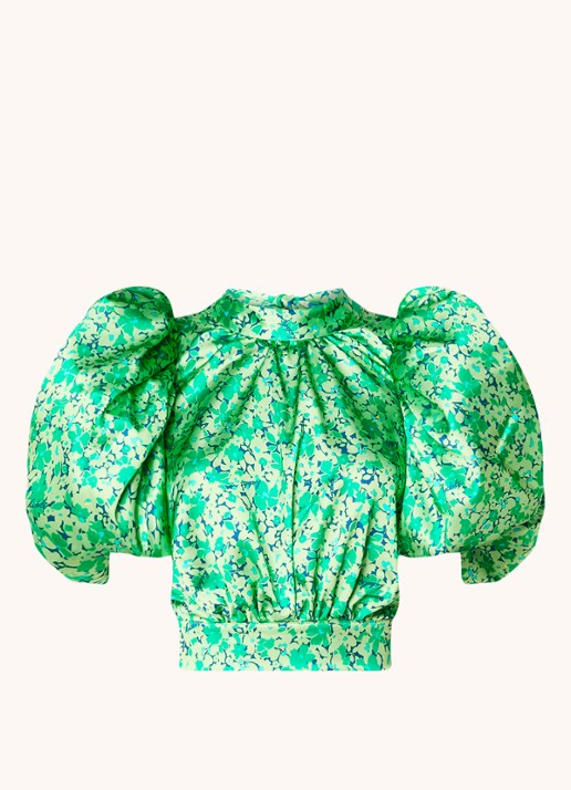 ROTATE Crop top van satijn met rugdecolleté en pofmouw - voorkant 4 groen