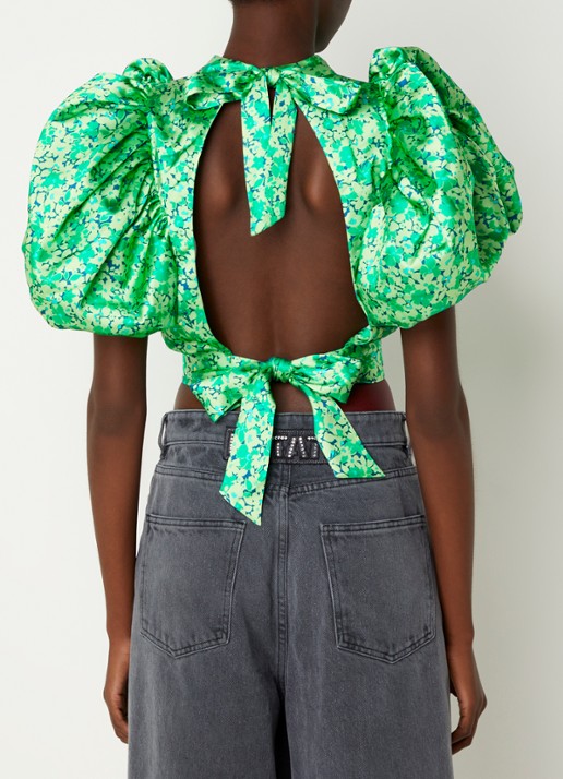 ROTATE Crop top van satijn met rugdecolleté en pofmouw - voorkant 5 groen