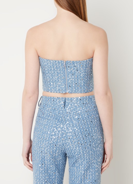 ROTATE Emili bandeautop van denim met pailletten en lurex - achterkant indigo