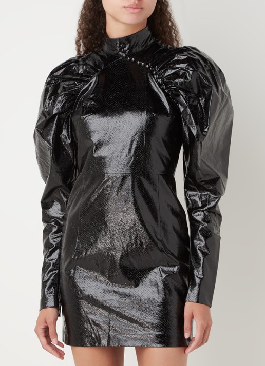 ROTATE Kim mini jurk van imitatieleer met pofmouw - detail zwart
