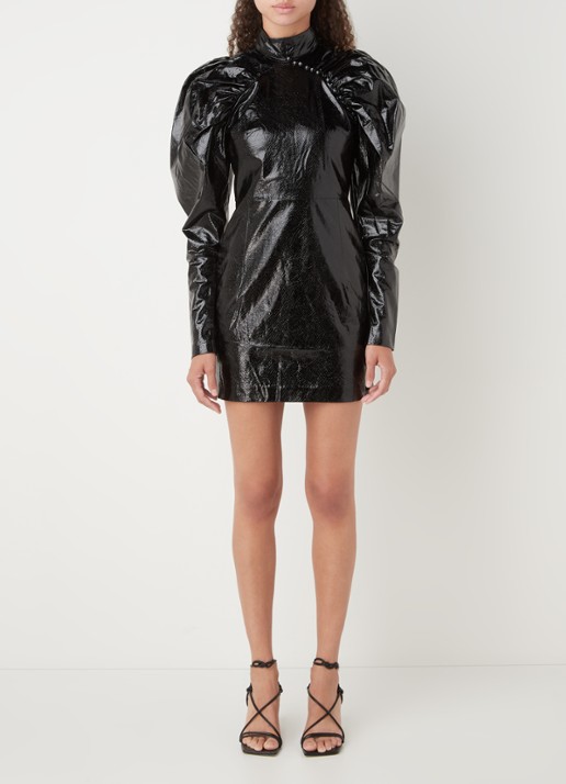 ROTATE Kim mini jurk van imitatieleer met pofmouw - voorkant 3 zwart