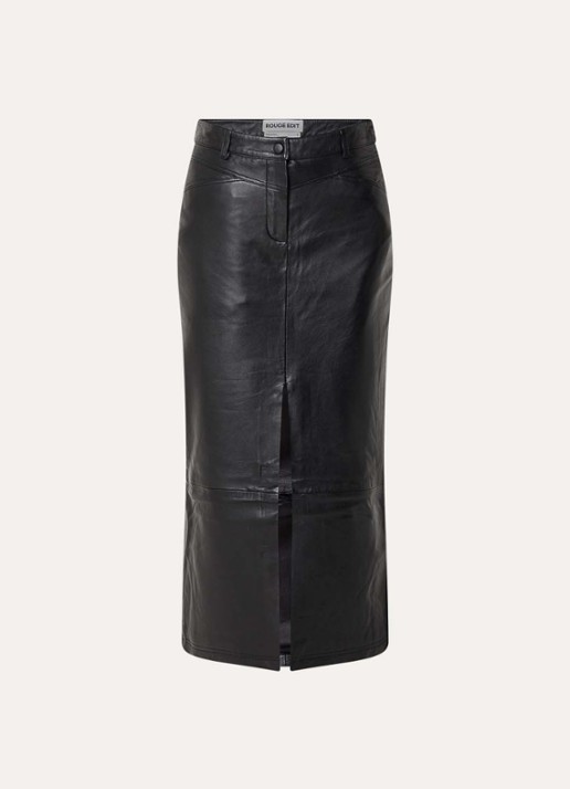 ROUGE EDIT Camden midi rok van leer met split - voorkant 3 zwart