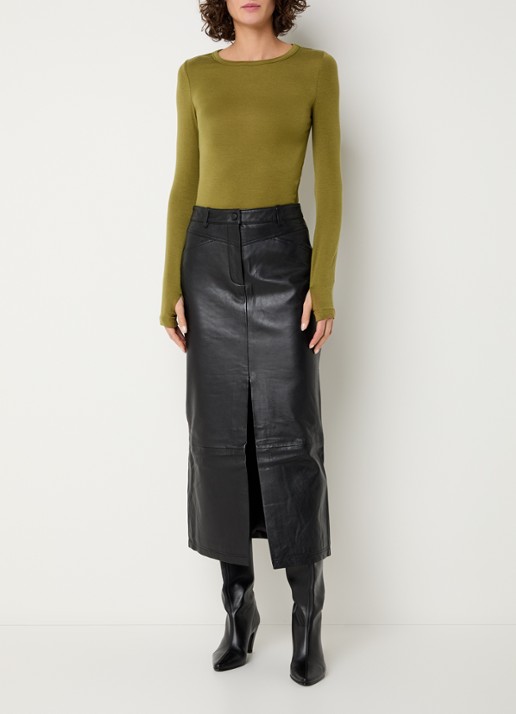 ROUGE EDIT Camden midi rok van leer met split - voorkant 4 zwart