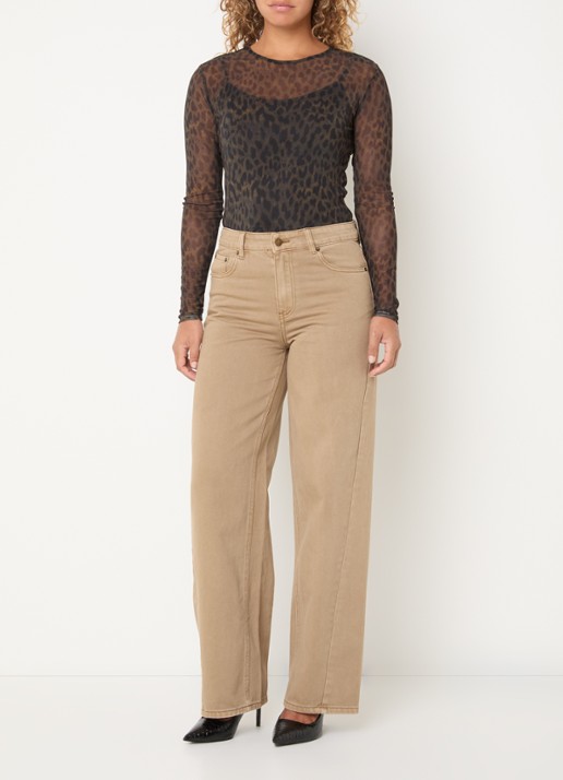 ROUGE EDIT High waist straight leg jeans met gekleurde wassing - voorkant 2 khaki