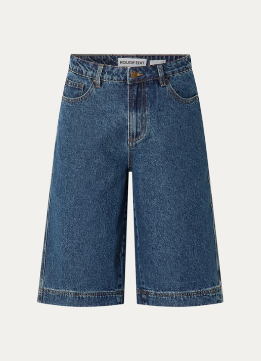 ROUGE EDIT Jolie high waist straight fit korte broek van denim met donkere wassing - voorkant indigo