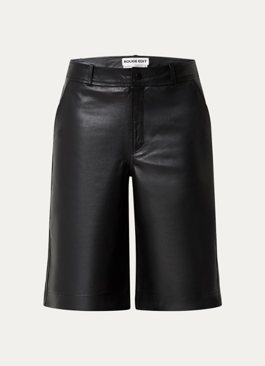 ROUGE EDIT Roucella high waist wide fit korte broek van lamsleer - voorkant 3 zwart