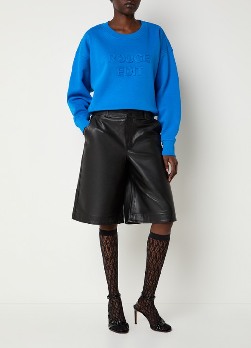ROUGE EDIT Roucella high waist wide fit korte broek van lamsleer - voorkant 4 zwart