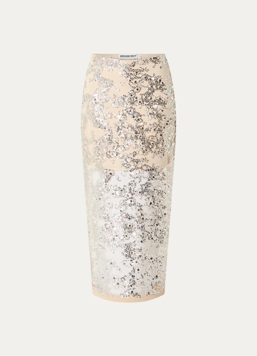 ROUGE EDIT Rouleona semi-transparante midi rok met pailletten - voorkant 3 zilver