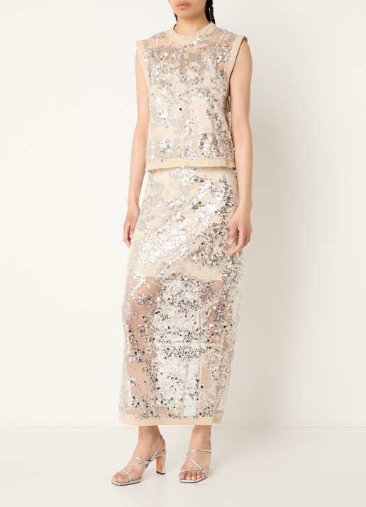 ROUGE EDIT Rouleona semi-transparante midi rok met pailletten - voorkant 4 zilver