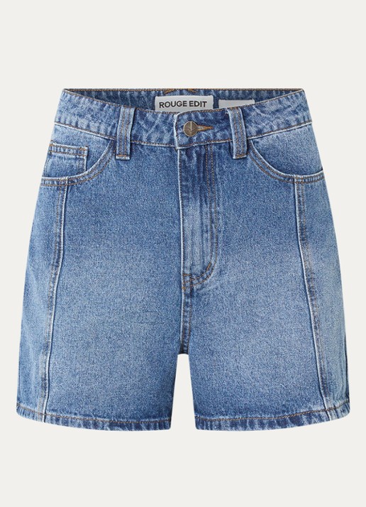 ROUGE EDIT Rouramonas high waist straight fit korte broek van denim - voorkant 3 indigo