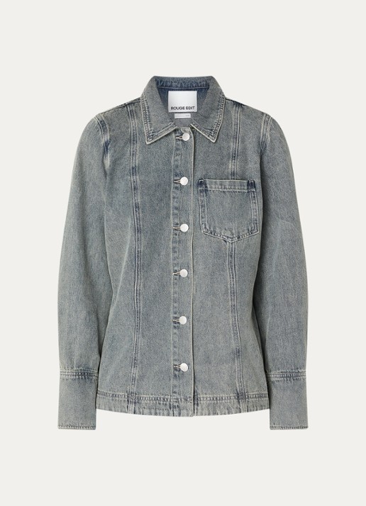ROUGE EDIT Rouvivian blouse van denim met borstzak - voorkant blauwgrijs