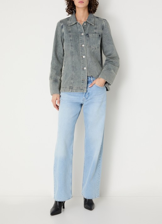 ROUGE EDIT Rouvivian blouse van denim met borstzak - voorkant 2 blauwgrijs