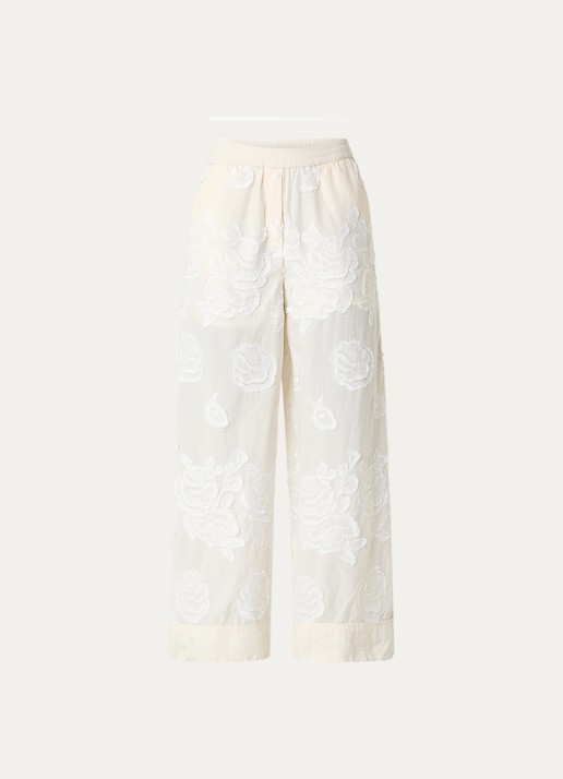 ROUGE EDIT Rouzoella high waist wide fit pantalon met bloemborduring - voorkant 3 creme