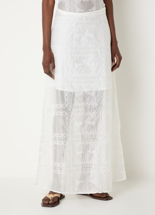 ROUGE EDIT Semi-transparante maxi rok met broderie en split