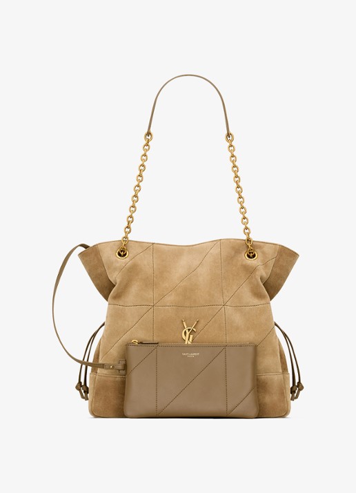 Saint Laurent Jamie Small shopper van lamssuède - detail lichtbruin
