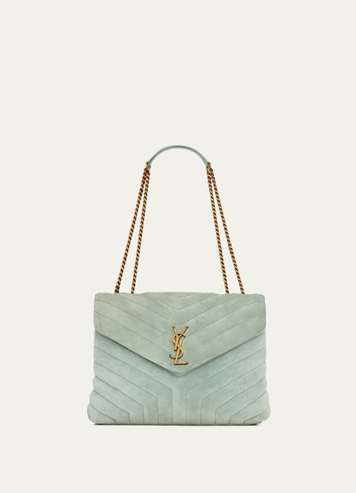 Saint Laurent Loulou Medium schoudertas van quilted kalfssuède - voorkant mint