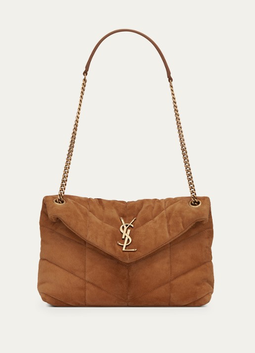 Saint Laurent Puffer Small schoudertas van quilted kalfssuède - voorkant cognac
