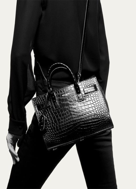 Saint Laurent Sac de Jour Nano handtas van kalfsleer met crocostructuur - detail zwart