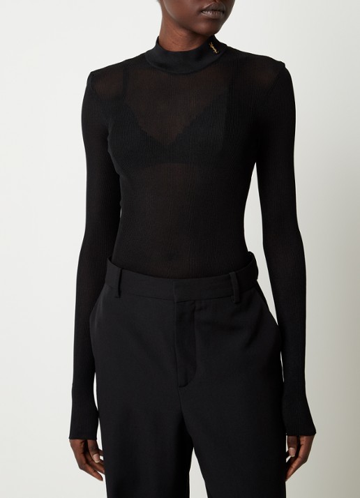 Saint Laurent Semi-transparante top van zijde met ribstructuur - detail 3 zwart