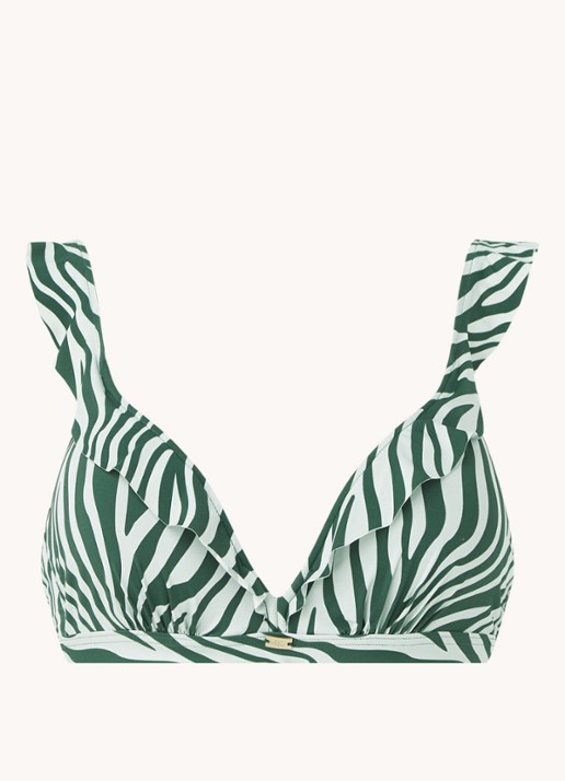 Sam Friday Cape voorgevormde bikinitop met zebraprint en volant - voorkant 2 bronsgroen