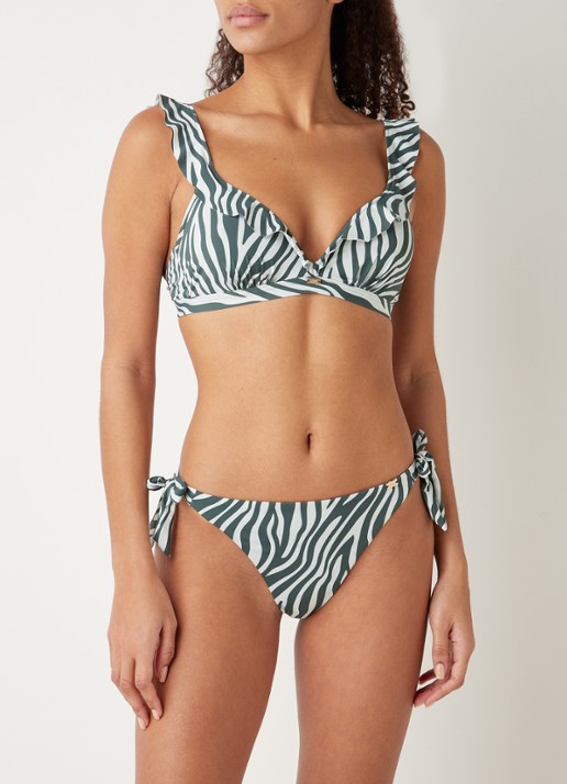 Sam Friday Cape voorgevormde bikinitop met zebraprint en volant - voorkant 3 bronsgroen
