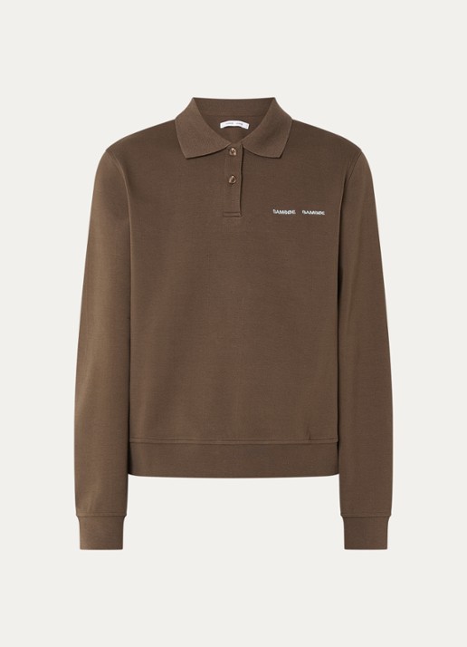 SAMSØE SAMSØE Sadory sweater met polokraag  - voorkant donkerbruin