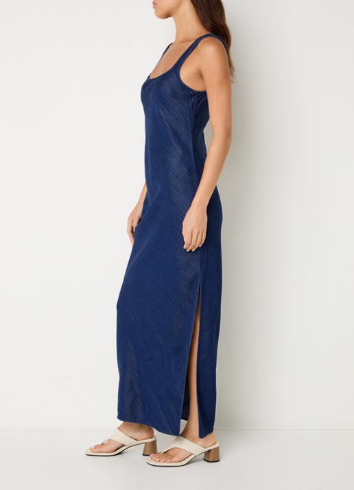 SAMSØE SAMSØE Sasunna maxi jurk van chambray met split - voorkant 4 indigo