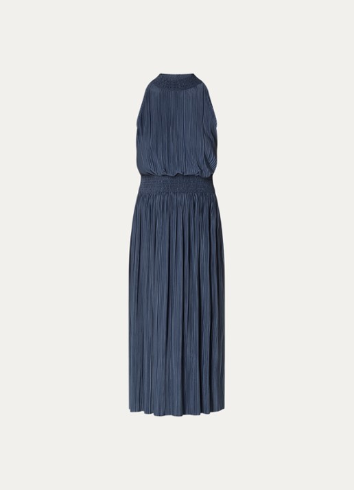 SAMSØE SAMSØE Uma midi halterjurk met plooidetail - voorkant donkerblauw