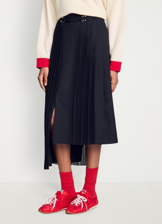 Sandro Asymmetrische midi rok met plooidetail - detail 4 zwart