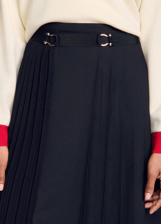 Sandro Asymmetrische midi rok met plooidetail - detail 6 zwart