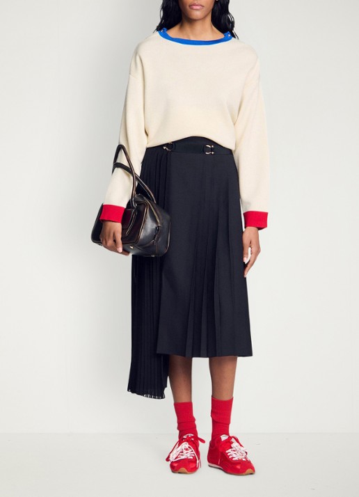 Sandro Asymmetrische midi rok met plooidetail - voorkant 3 zwart