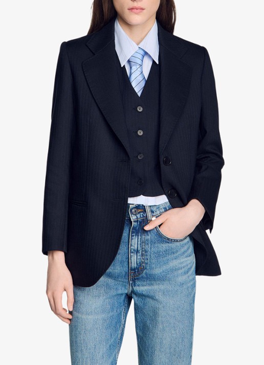 Sandro Blazer van wolblend met krijtstreep - detail 3 donkerblauw