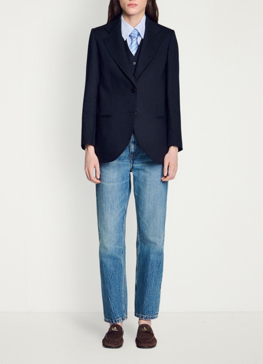 Sandro Blazer van wolblend met krijtstreep - detail 4 donkerblauw