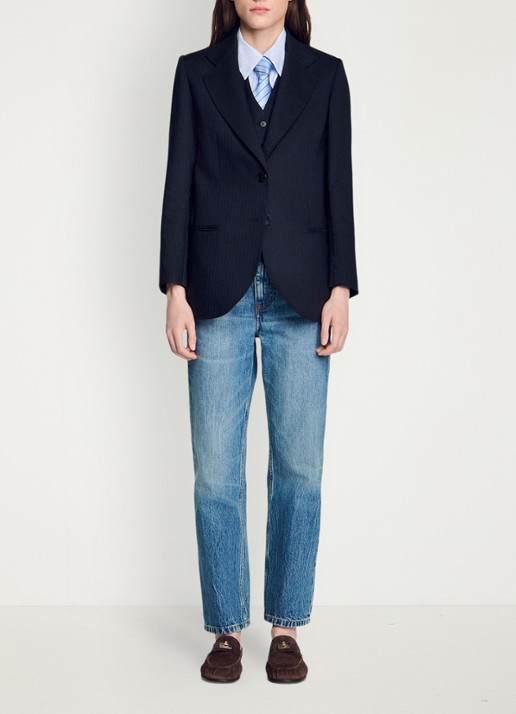 Sandro Blazer van wolblend met krijtstreep - detail 6 donkerblauw