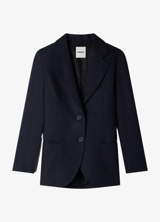 Sandro Blazer van wolblend met krijtstreep - voorkant donkerblauw