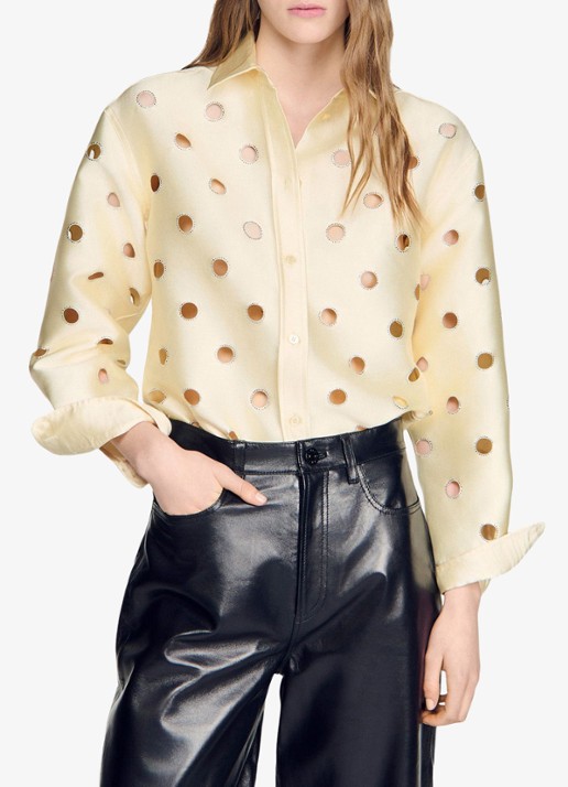 Sandro Blouse met opengewerkt dessin en strass - detail 4 vanillegeel