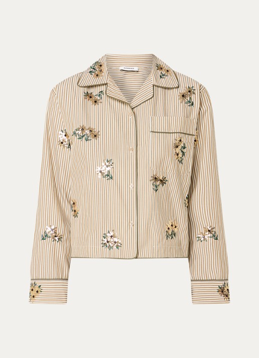 Sandro Blouse met streepprint en pailletten - voorkant 3 camel