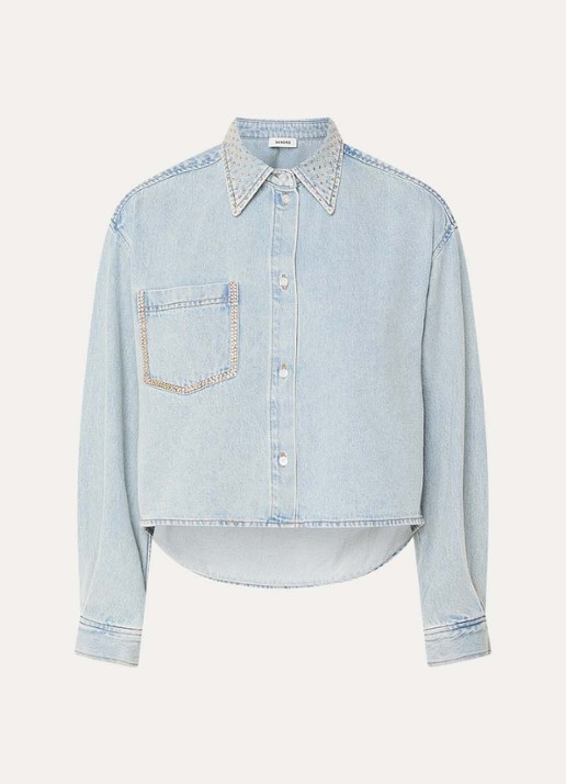 Sandro Blouse van denim met borstzak en strass - voorkant indigo