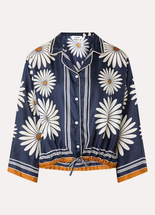 Sandro Blouse van zijde met bloemenprint - voorkant 2 donkerblauw