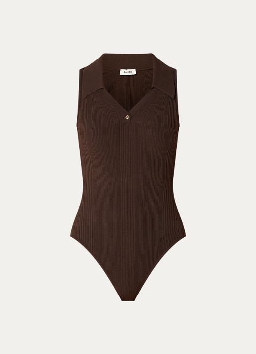 Sandro Body top met ribstructuur - voorkant donkerbruin