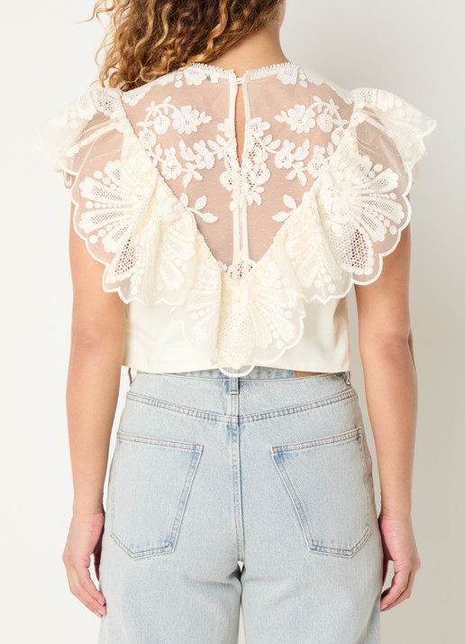 Sandro Crop top met broderie en opstaande kraag - achterkant gebroken wit