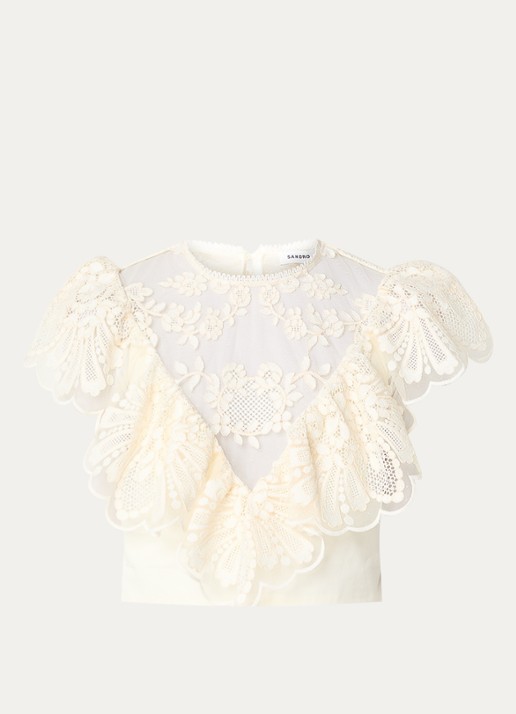 Sandro Crop top met broderie en opstaande kraag - voorkant 2 gebroken wit