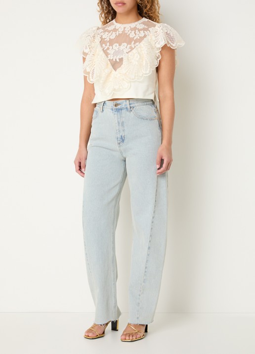 Sandro Crop top met broderie en opstaande kraag - voorkant 3 gebroken wit