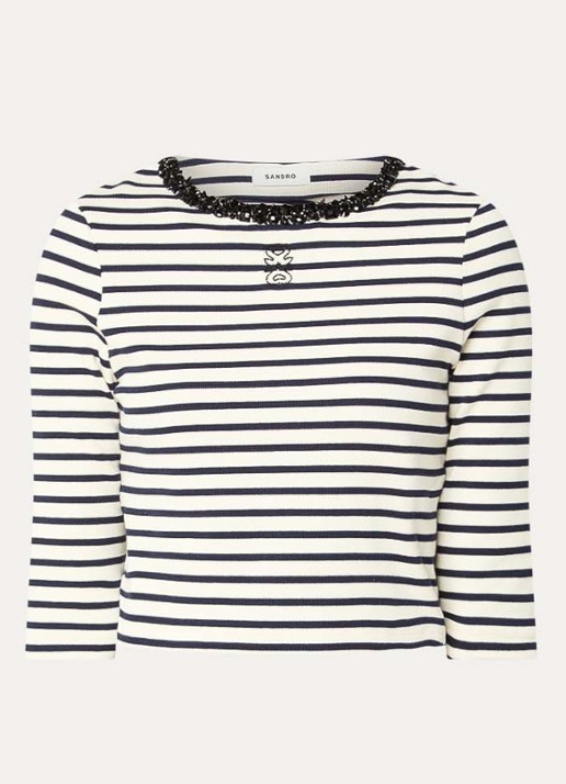 Sandro Crop top met ribstructuur en kralendecoratie - voorkant 2 donkerblauw