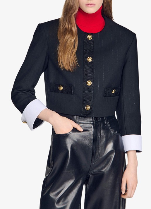 Sandro Cropped blazer in wolblend met lurex en krijtstreep - detail 4 zwart
