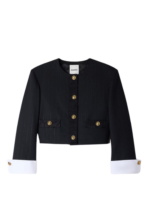 Sandro Cropped blazer in wolblend met lurex en krijtstreep - voorkant zwart