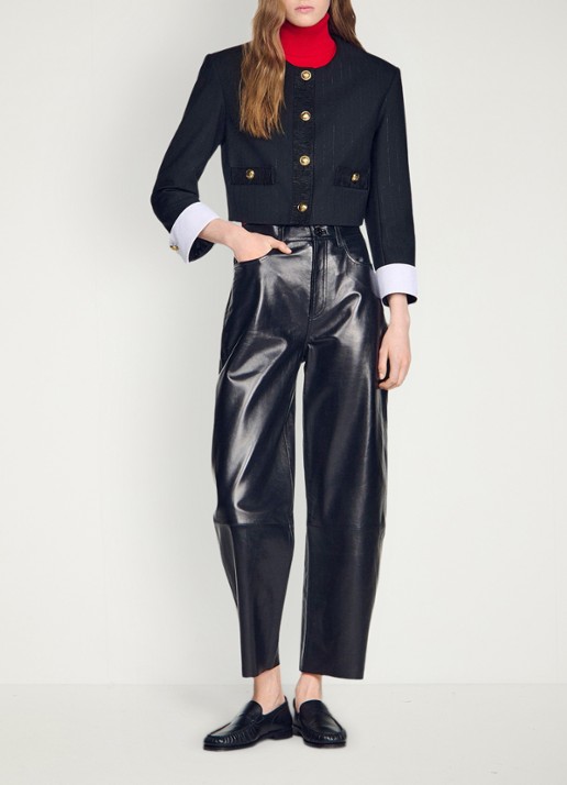 Sandro Cropped blazer in wolblend met lurex en krijtstreep - voorkant 2 zwart