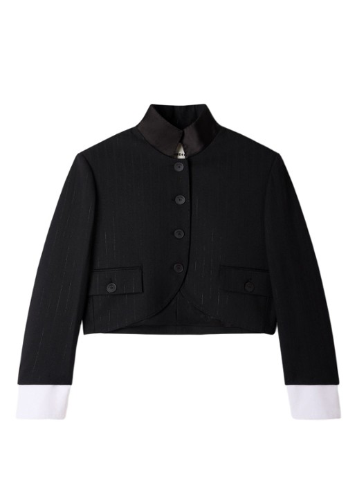 Sandro Cropped blazer in wolblend met lurex en opstaande kraag - voorkant 2 zwart
