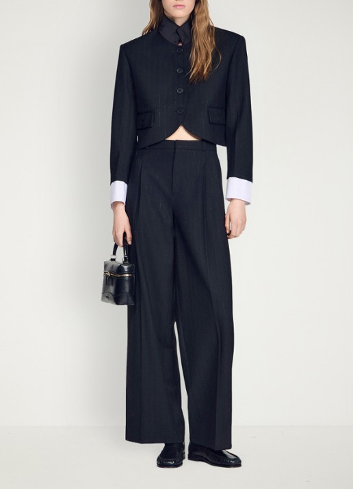 Sandro Cropped blazer in wolblend met lurex en opstaande kraag - voorkant 3 zwart